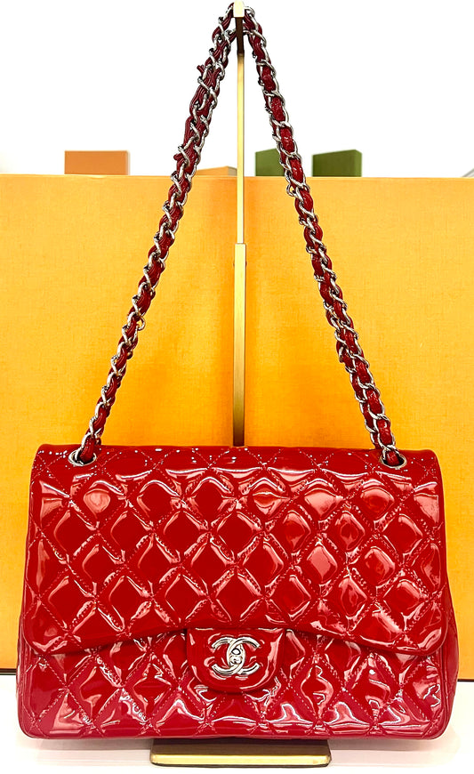 Chanel Double Flap Jumbo Red Patent Leather